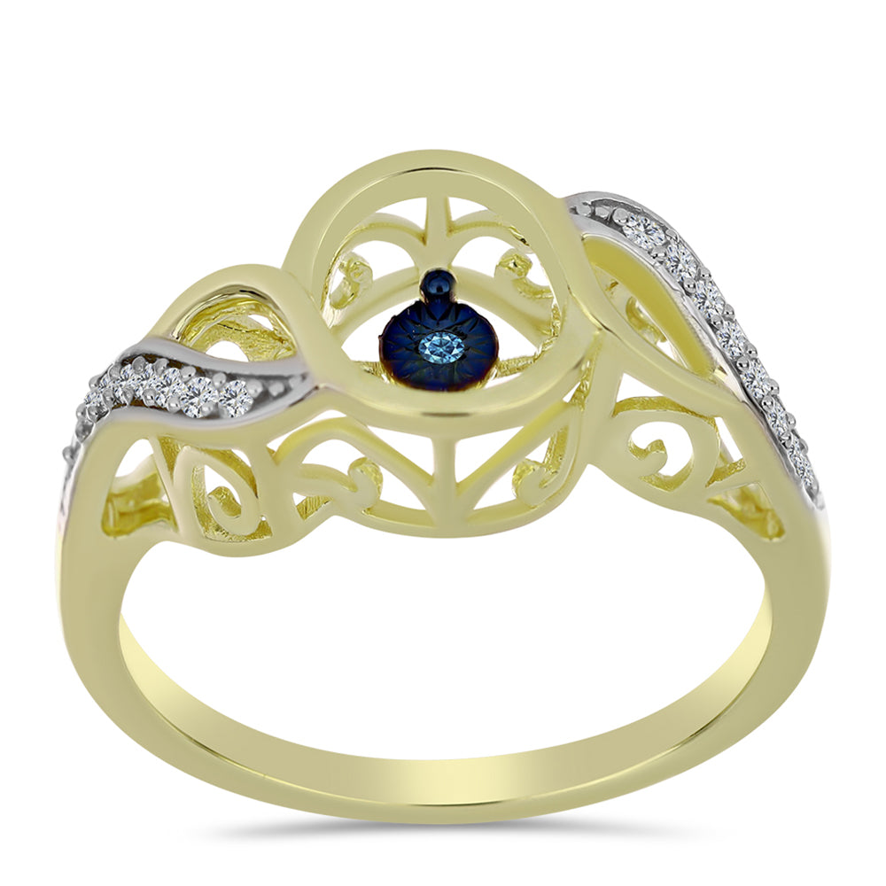 Arannyal Bevont Ezüst Gyűrű Kék Táncoló Gyémánttal és Fehér Topázzal