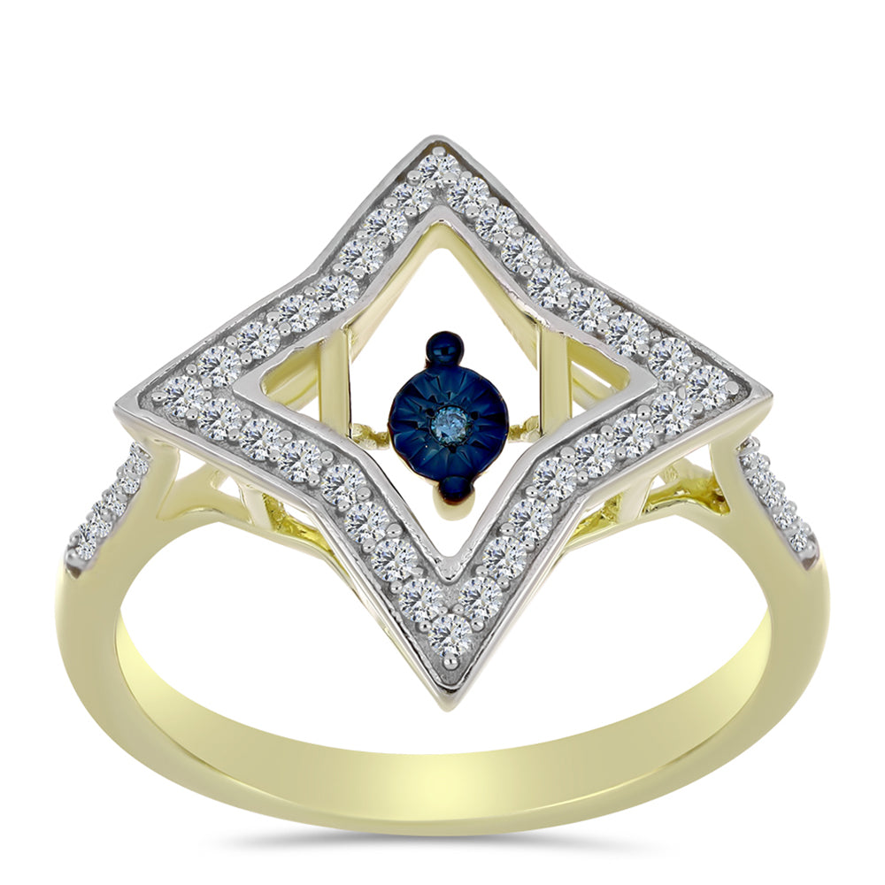 Arannyal Bevont Ezüst Gyűrű Kék Táncoló Gyémánttal és Fehér Topázzal