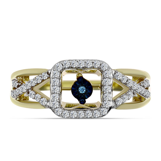 Arannyal Bevont Ezüst Gyűrű Kék Táncoló Gyémánttal és Fehér Topázzal
