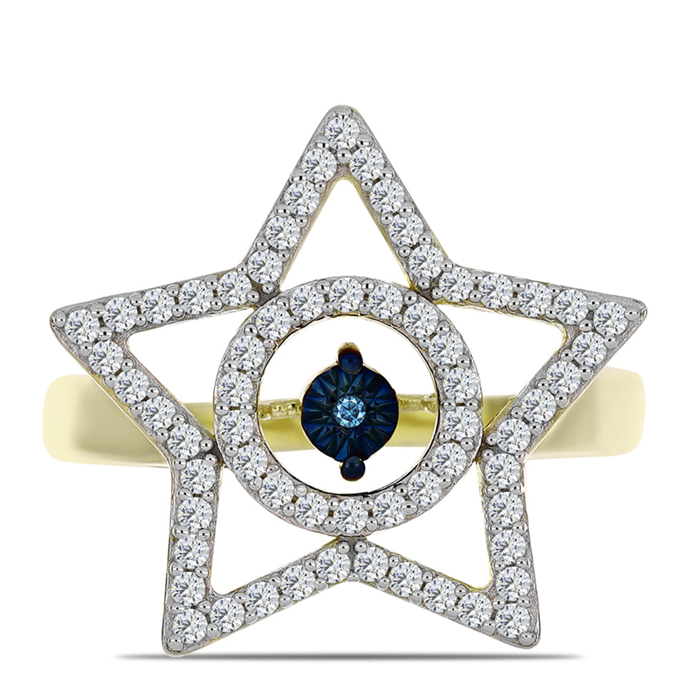 Arannyal Bevont Ezüst Gyűrű Kék Táncoló Gyémánttal és Fehér Topázzal