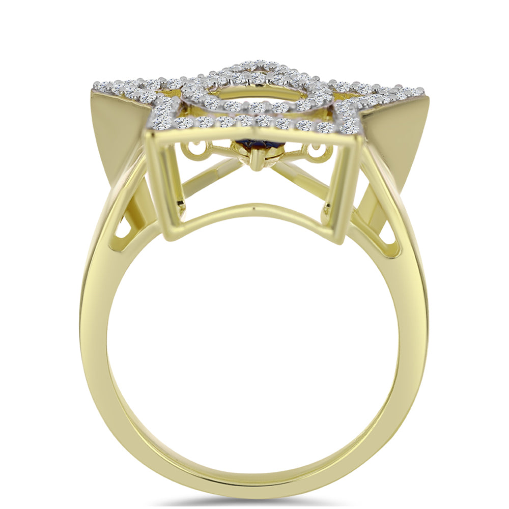 Arannyal Bevont Ezüst Gyűrű Kék Táncoló Gyémánttal és Fehér Topázzal