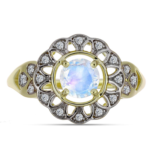 Arannyal Bevont Ezüst Gyűrű Szivárvány Holdkővel és Fehér Topázzal