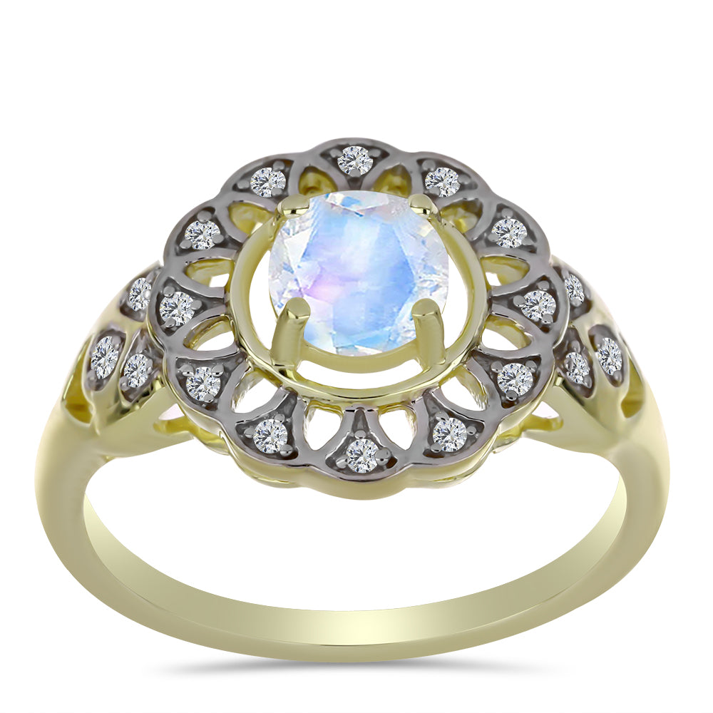 Arannyal Bevont Ezüst Gyűrű Szivárvány Holdkővel és Fehér Topázzal