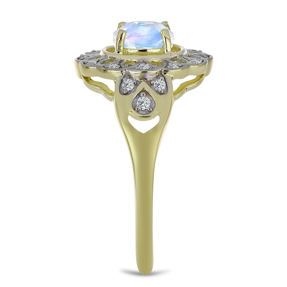 Arannyal Bevont Ezüst Gyűrű Szivárvány Holdkővel és Fehér Topázzal 4 