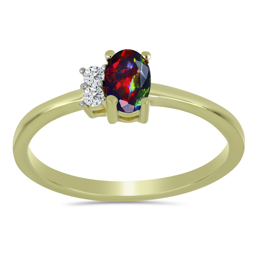 Arannyal Bevont Ezüst Gyűrű Lega Dembi Éjfekete Etiópiai Opállal és Fehér Topázzal