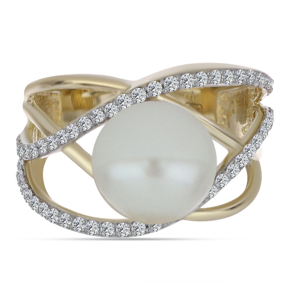 Arannyal Bevont Ezüst Gyűrű Fehér Édesvízi Kagylógyönggyel és Fehér Topázzal