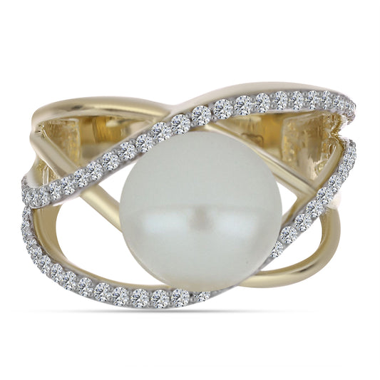 Arannyal Bevont Ezüst Gyűrű Fehér Édesvízi Kagylógyönggyel és Fehér Topázzal