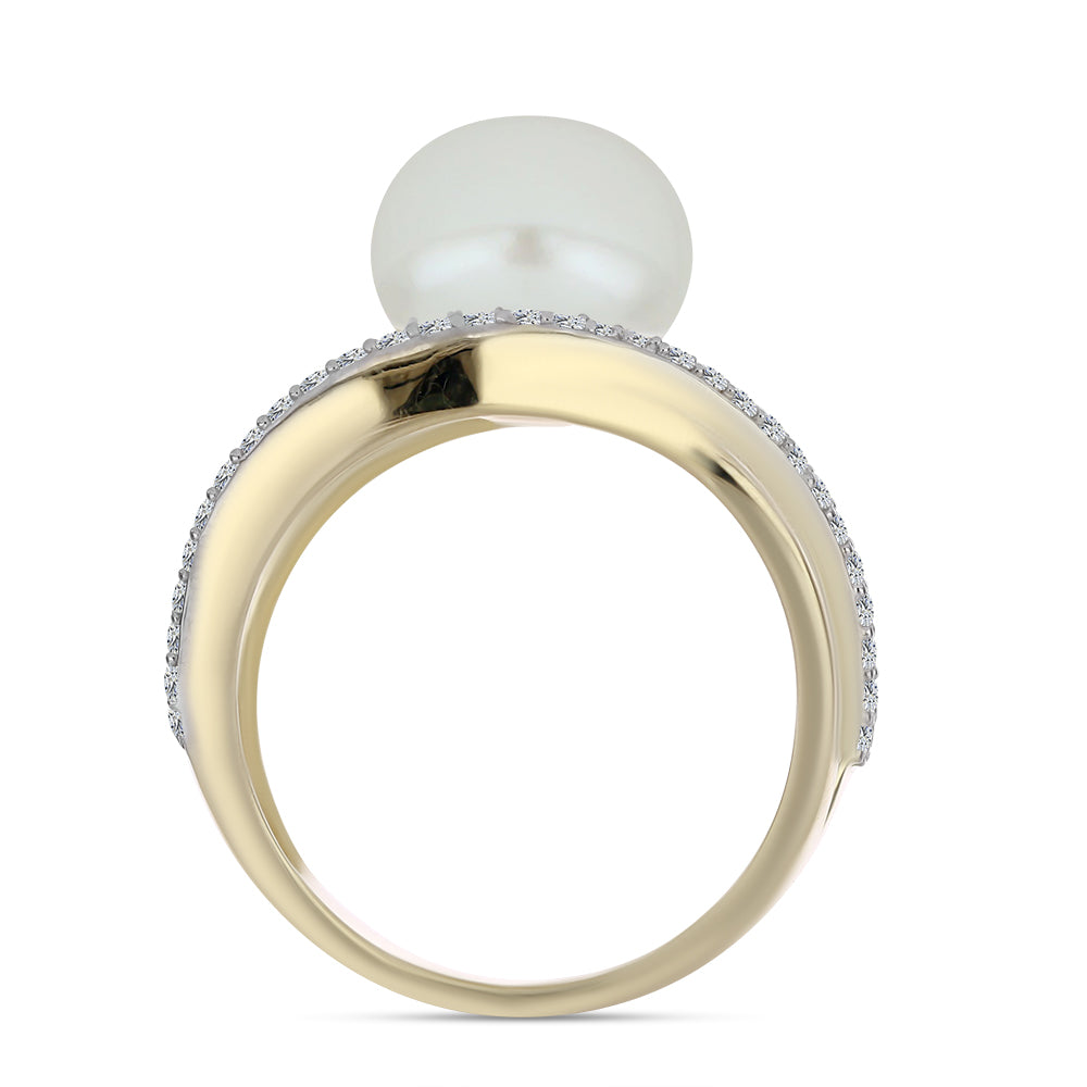 Arannyal Bevont Ezüst Gyűrű Fehér Édesvízi Kagylógyönggyel és Fehér Topázzal 2 