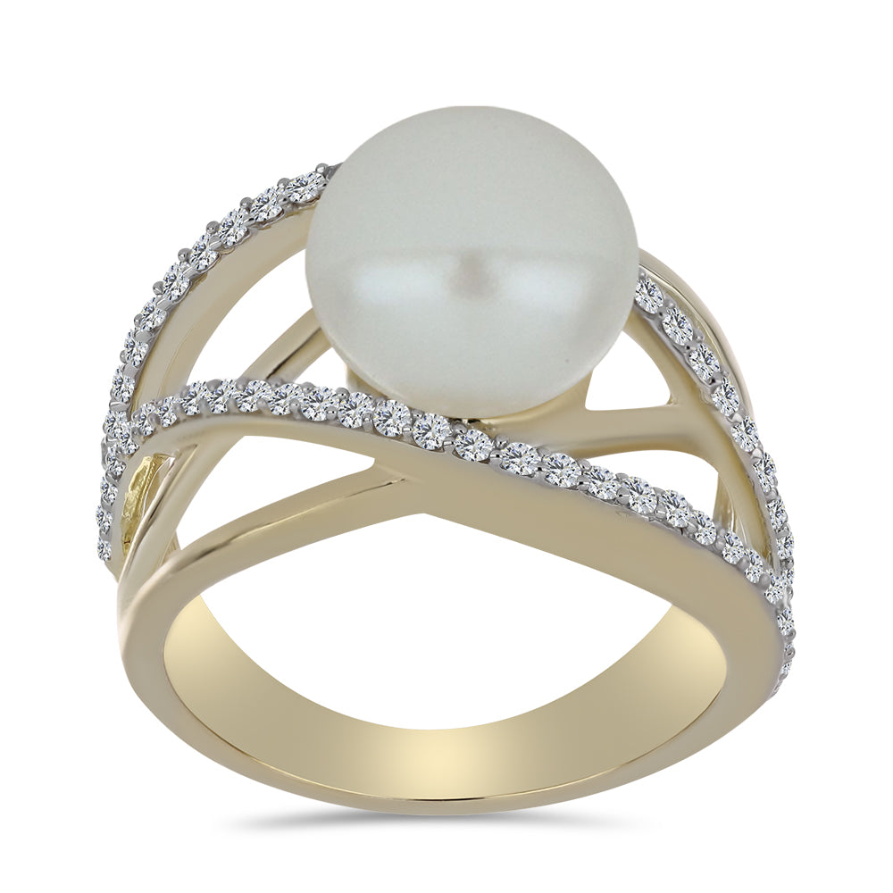 Arannyal Bevont Ezüst Gyűrű Fehér Édesvízi Kagylógyönggyel és Fehér Topázzal
