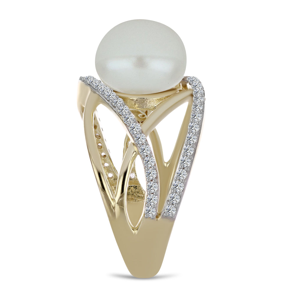 Arannyal Bevont Ezüst Gyűrű Fehér Édesvízi Kagylógyönggyel és Fehér Topázzal 4 