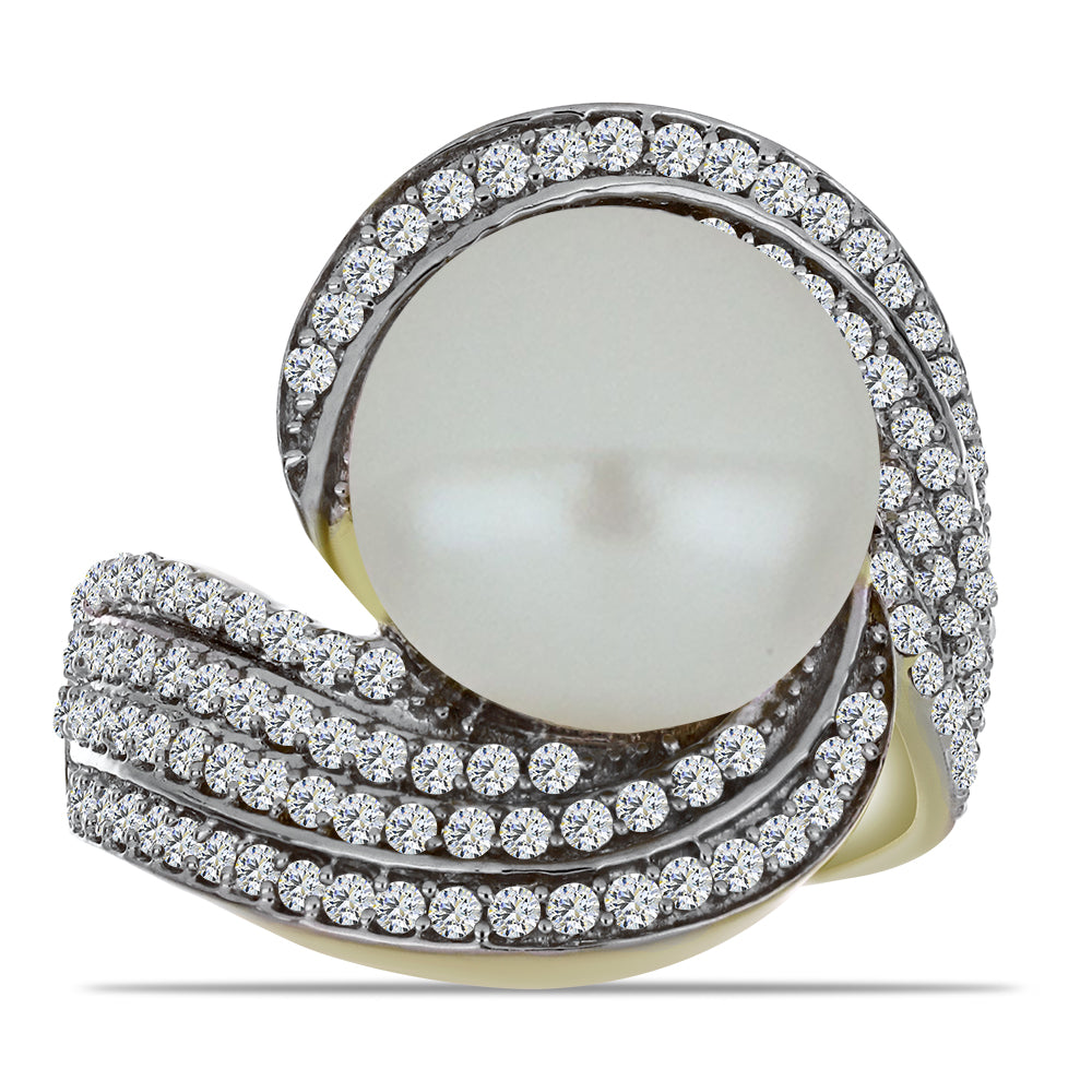 Arannyal Bevont Ezüst Gyűrű Fehér Édesvízi Kagylógyönggyel és Fehér Topázzal