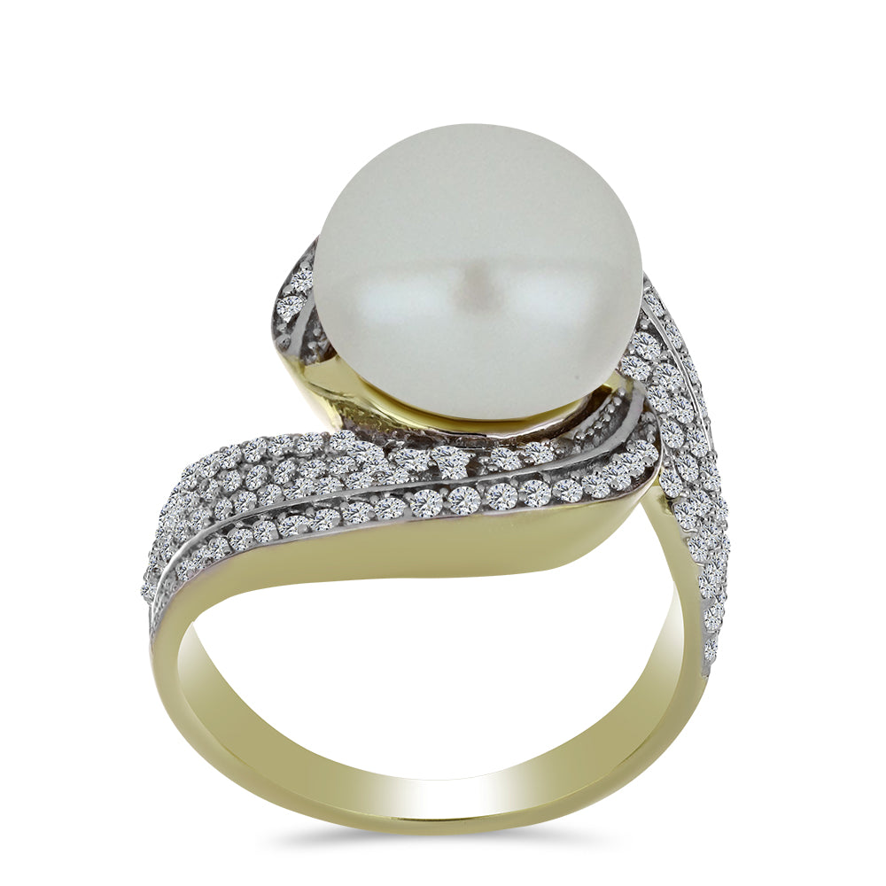 Arannyal Bevont Ezüst Gyűrű Fehér Édesvízi Kagylógyönggyel és Fehér Topázzal 3 