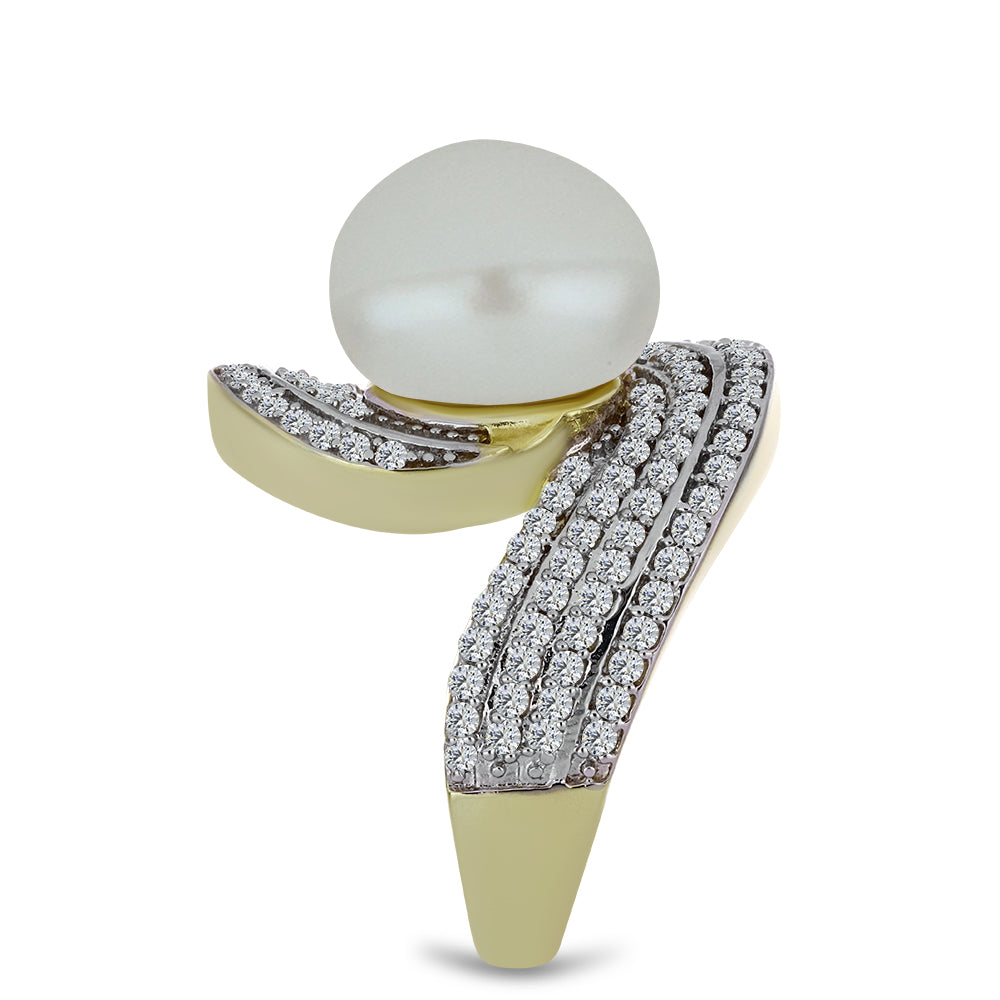 Arannyal Bevont Ezüst Gyűrű Fehér Édesvízi Kagylógyönggyel és Fehér Topázzal