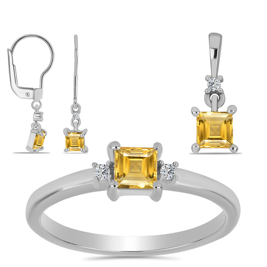 Ezüst Szett Ural Citrinnel és Fehér Topázzal ( Fülbevaló+Gyűrű+Medál )