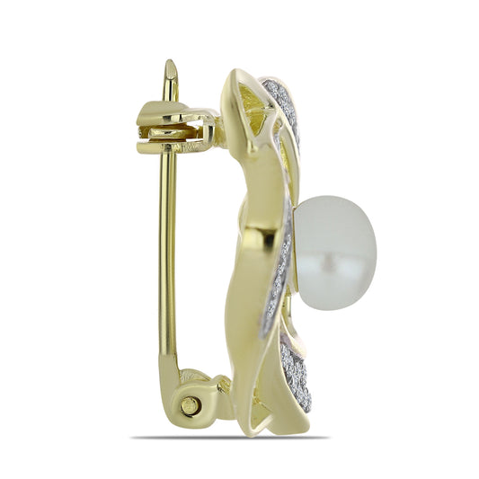 Arannyal Bevont Ezüst Bross Fehér Édesvízi Kagylógyönggyel és Fehér Topázzal