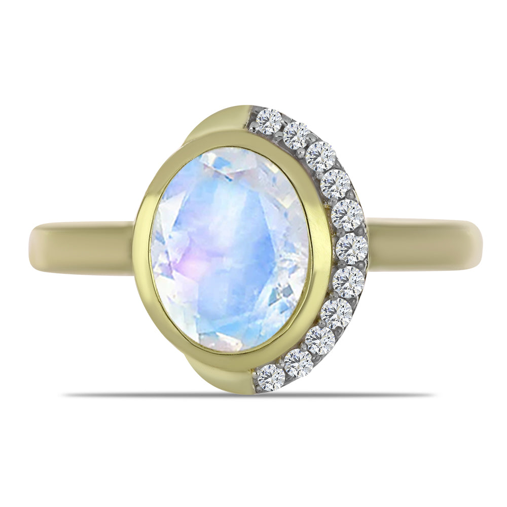 Arannyal Bevont Ezüst Gyűrű Szivárvány Holdkővel és Fehér Topázzal