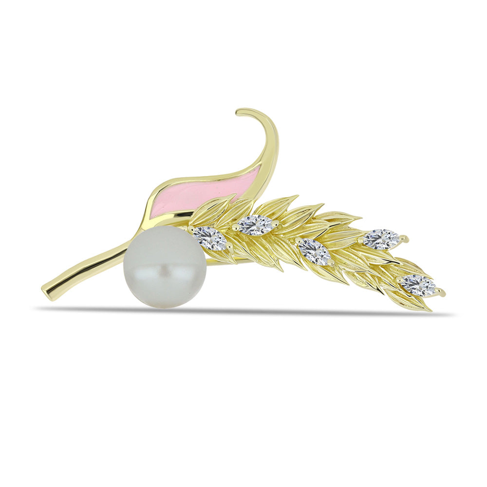 Arannyal Bevont Ezüst Bross Fehér Édesvízi Kagylógyönggyel és Fehér Topázzal