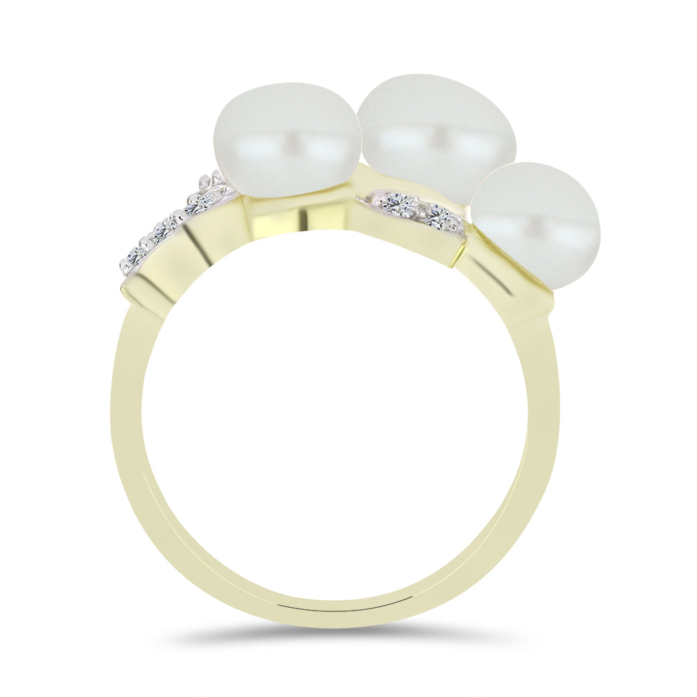 Arannyal Bevont Ezüst Gyűrű Fehér Édesvízi Kagylógyönggyel és Fehér Topázzal 2 