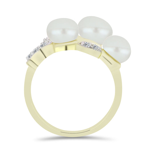 Arannyal Bevont Ezüst Gyűrű Fehér Édesvízi Kagylógyönggyel és Fehér Topázzal