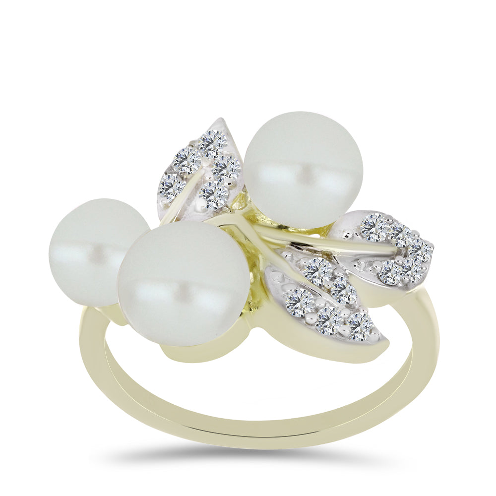 Arannyal Bevont Ezüst Gyűrű Fehér Édesvízi Kagylógyönggyel és Fehér Topázzal