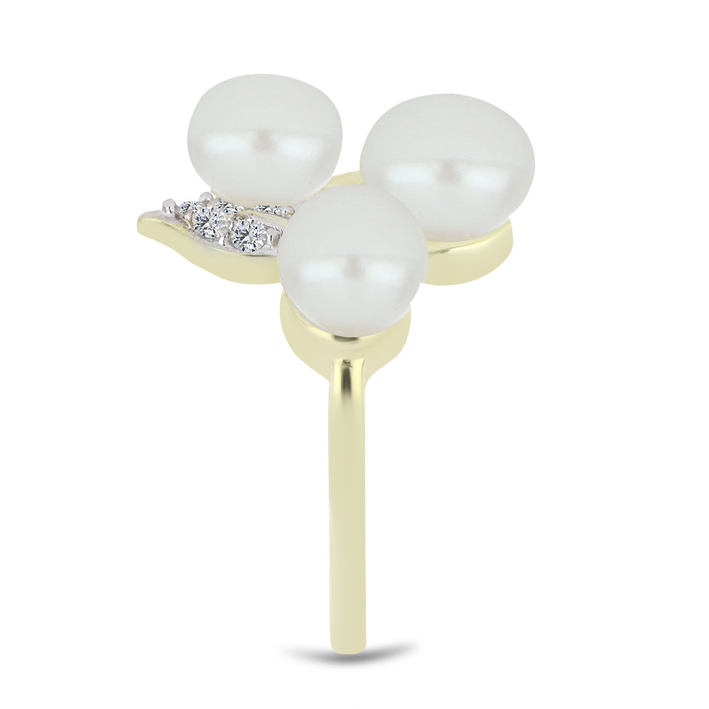 Arannyal Bevont Ezüst Gyűrű Fehér Édesvízi Kagylógyönggyel és Fehér Topázzal 4 