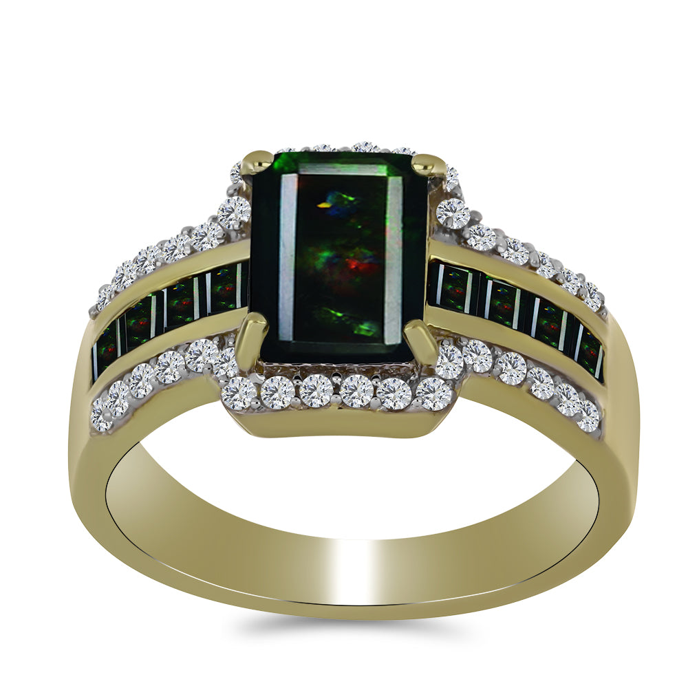 Arannyal Bevont Ezüst Gyűrű Lega Dembi Éjfekete Etiópiai Opállal és Fekete Spinellel 3 