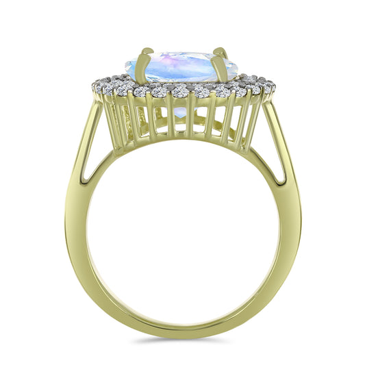 Arannyal Bevont Ezüst Gyűrű Szivárvány Holdkővel és Aquamarinnal