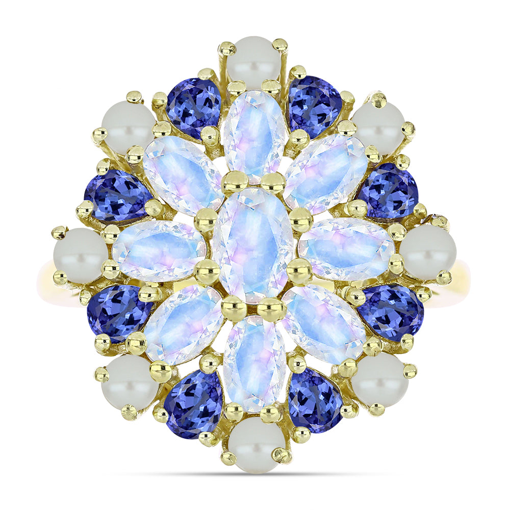 Arannyal Bevont Ezüst Gyűrű Fehér Édesvízi Kagylógyönggyel és Tanzanittal