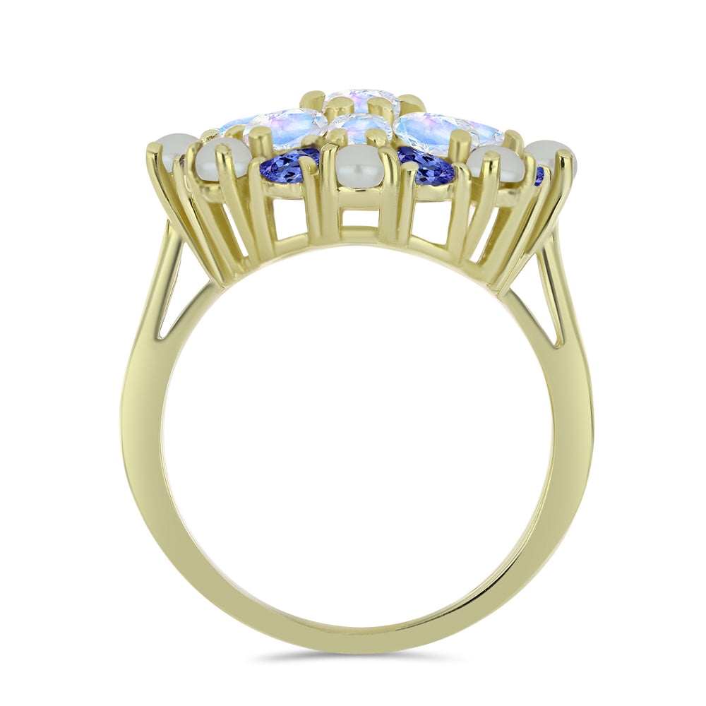 Arannyal Bevont Ezüst Gyűrű Fehér Édesvízi Kagylógyönggyel és Tanzanittal