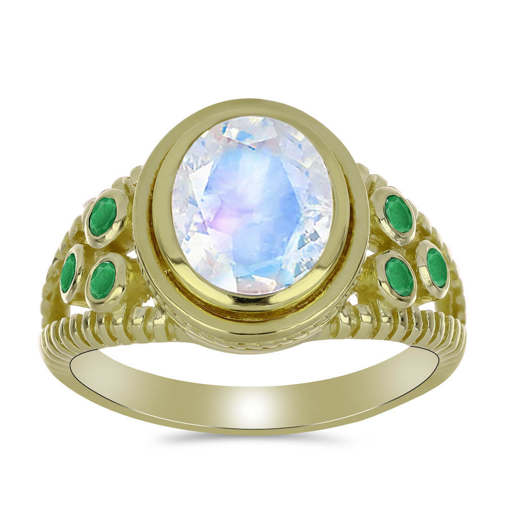 Arannyal Bevont Ezüst Gyűrű Szivárvány Holdkővel és Brazil Smaragddal 3 