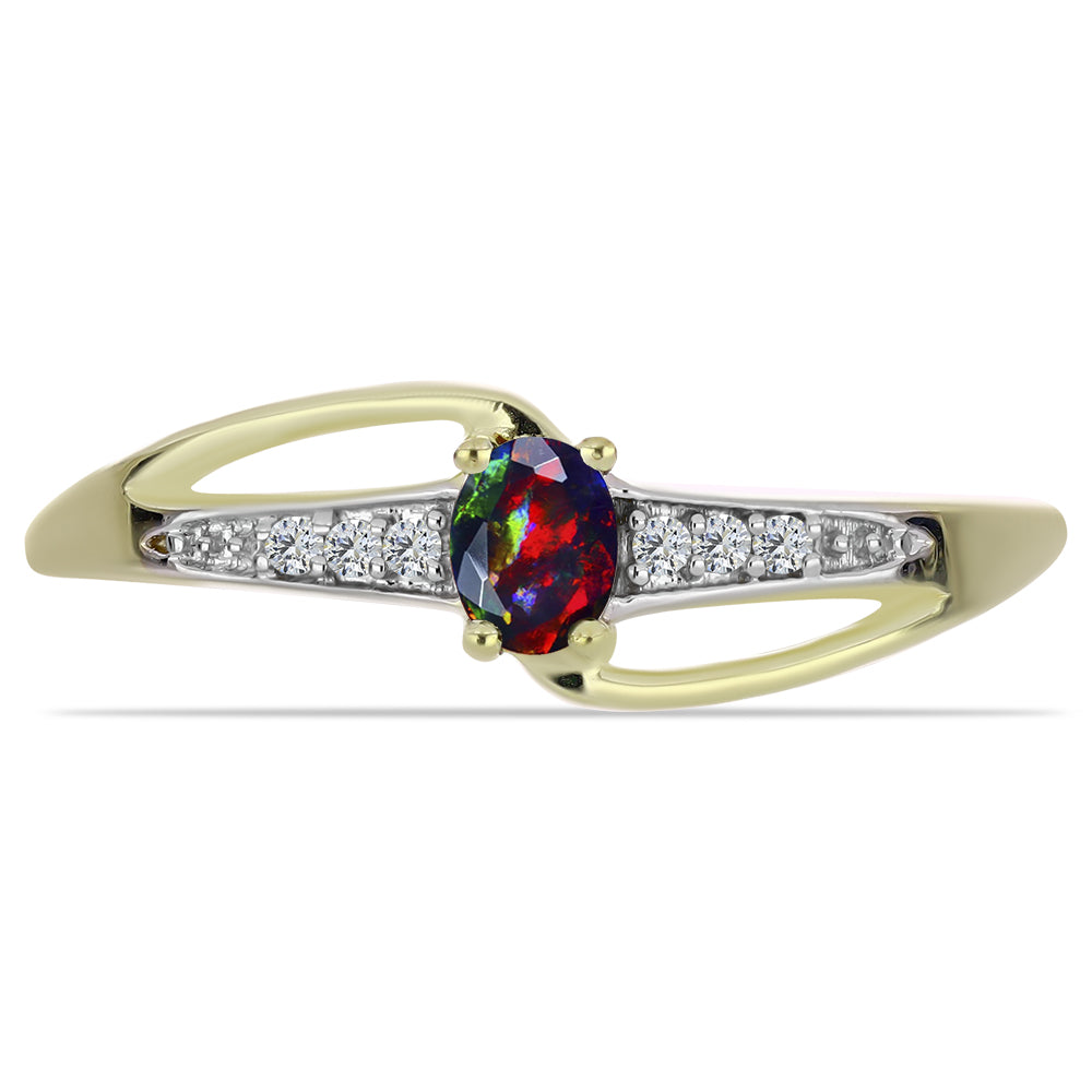 Arannyal Bevont Ezüst Gyűrű Lega Dembi Éjfekete Etiópiai Opállal és Fehér Topázzal