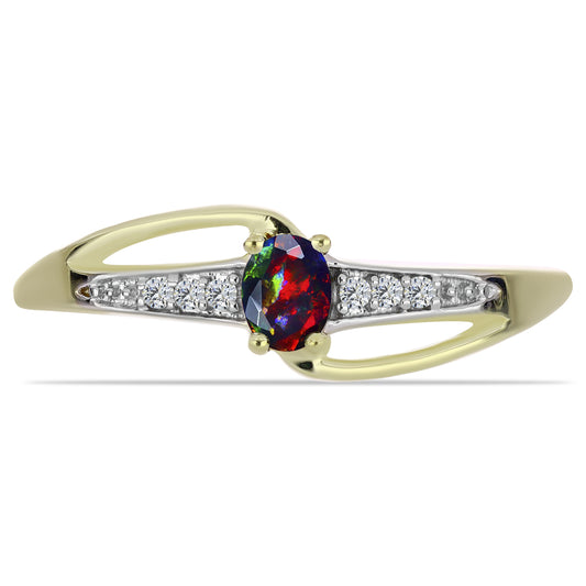 Arannyal Bevont Ezüst Gyűrű Lega Dembi Éjfekete Etiópiai Opállal és Fehér Topázzal