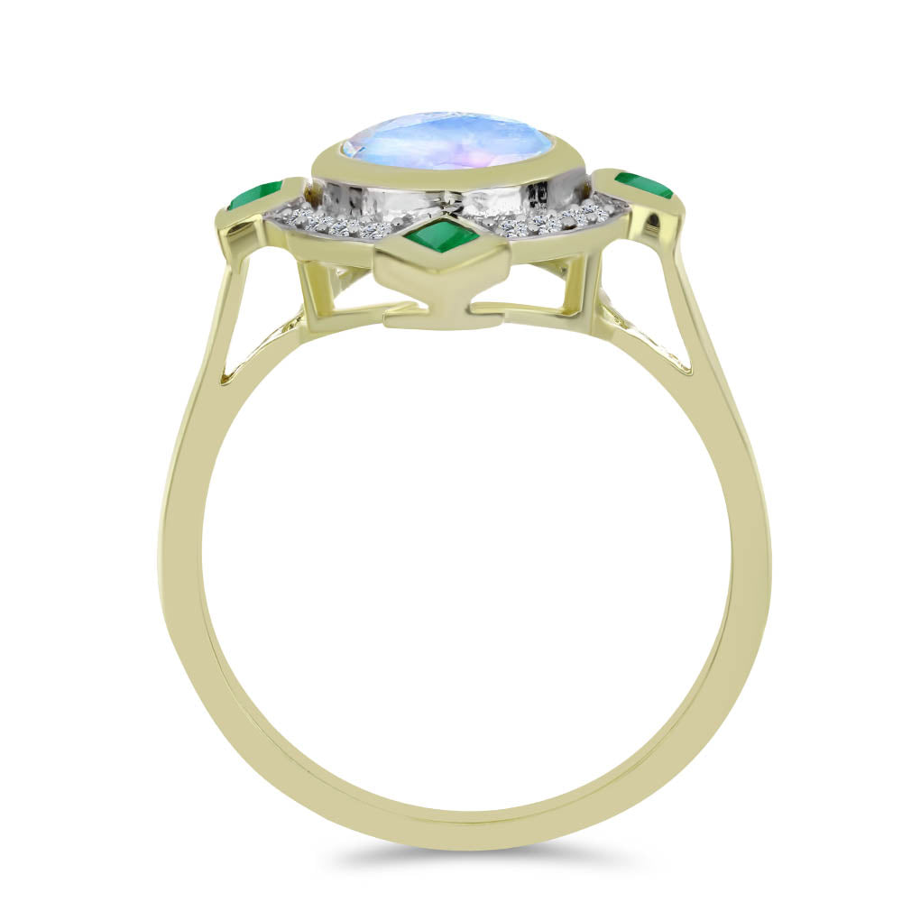 Arannyal Bevont Ezüst Gyűrű Szivárvány Holdkővel és Brazil Smaragddal