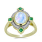 Arannyal Bevont Ezüst Gyűrű Szivárvány Holdkővel és Brazil Smaragddal