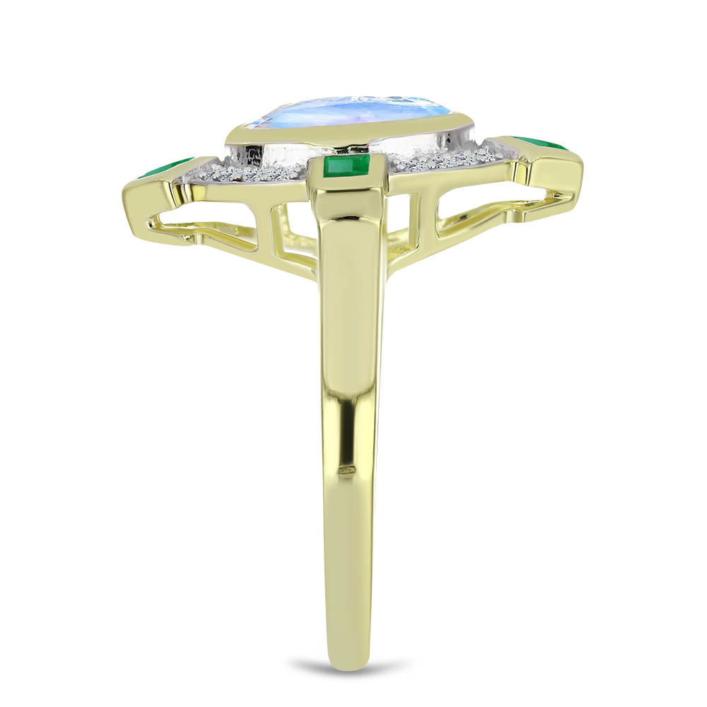 Arannyal Bevont Ezüst Gyűrű Szivárvány Holdkővel és Brazil Smaragddal