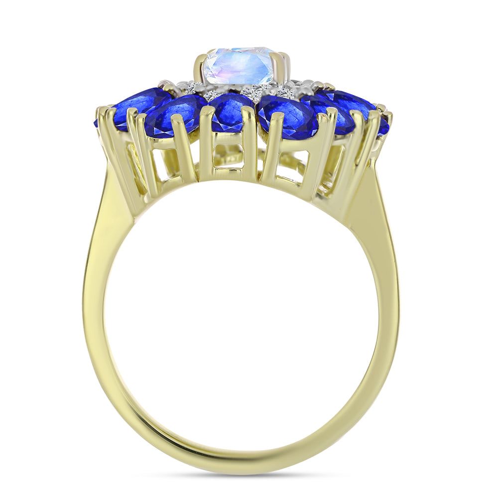 Arannyal Bevont Ezüst Gyűrű Szivárvány Holdkővel és Ausztrál Kék Zafírral 2 