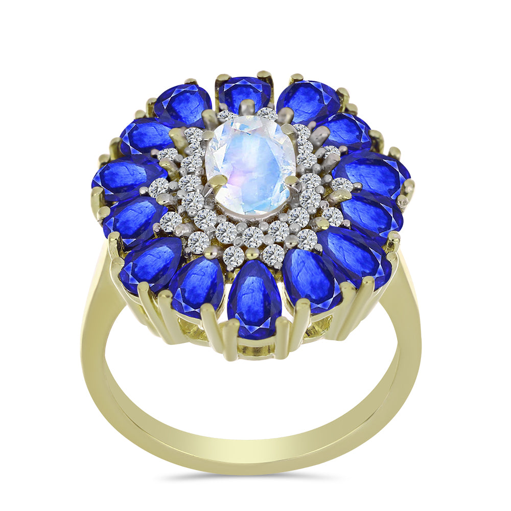 Arannyal Bevont Ezüst Gyűrű Szivárvány Holdkővel és Ausztrál Kék Zafírral 3 