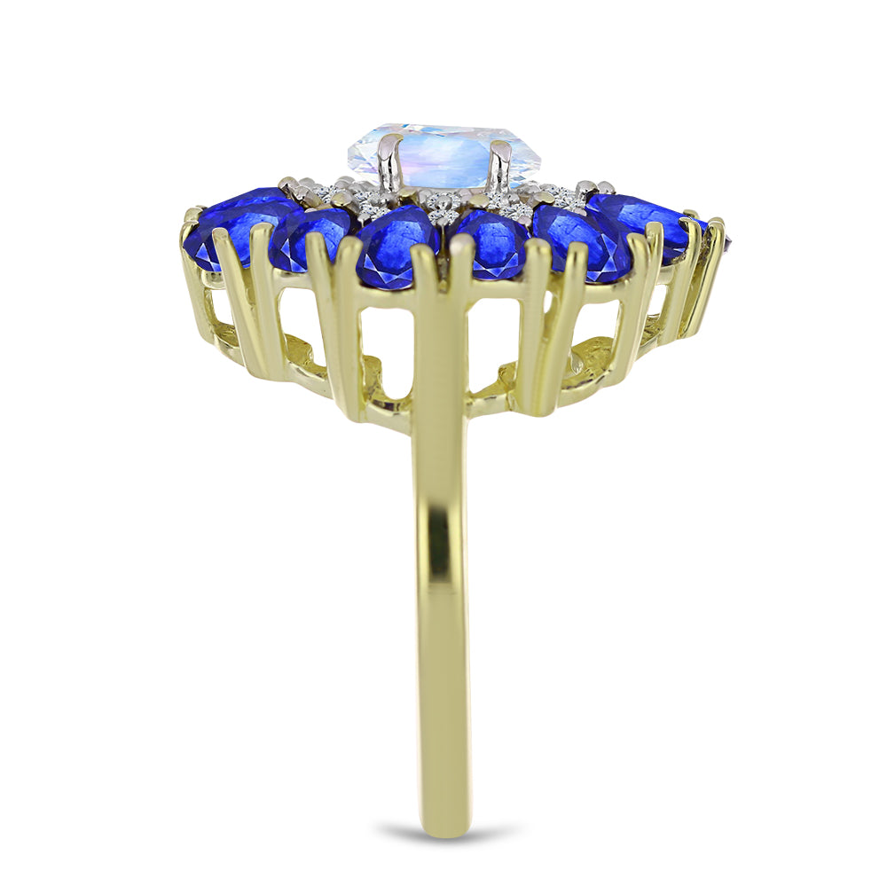 Arannyal Bevont Ezüst Gyűrű Szivárvány Holdkővel és Ausztrál Kék Zafírral 4 