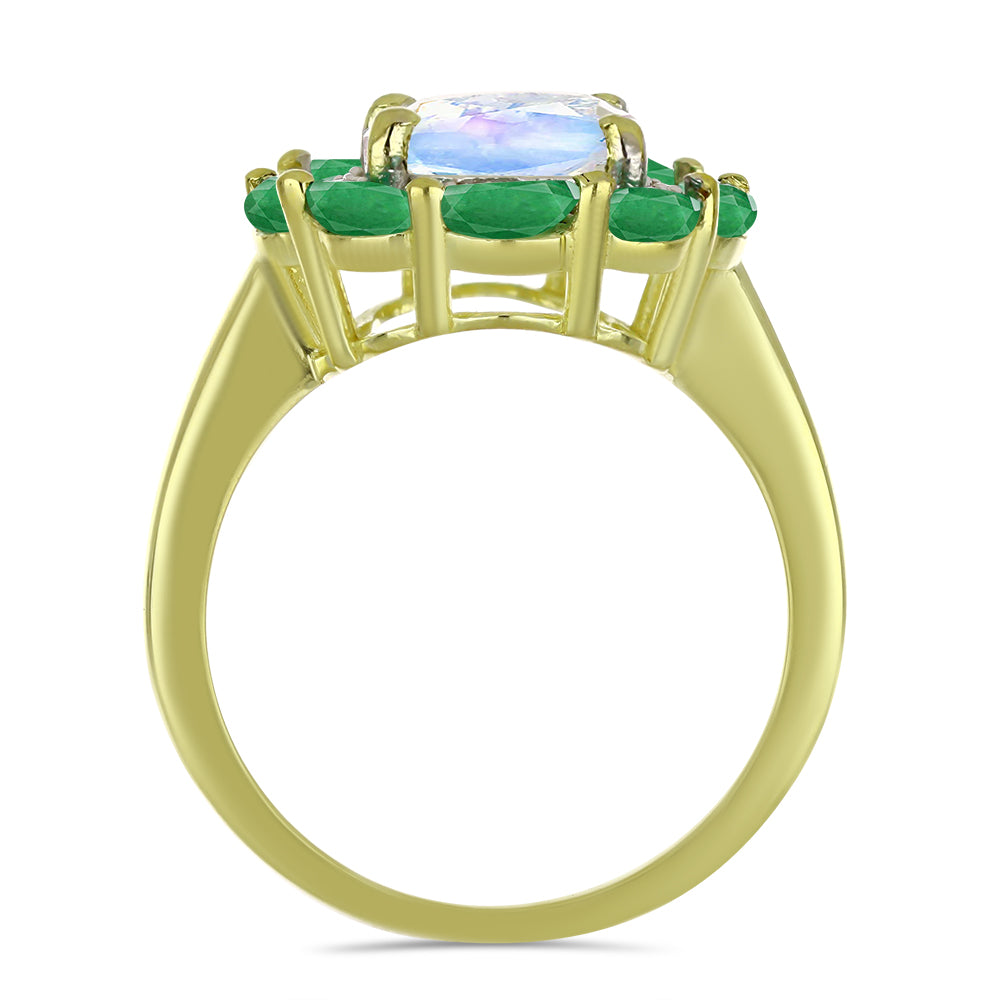Arannyal Bevont Ezüst Gyűrű Szivárvány Holdkővel és Brazil Smaragddal 2 