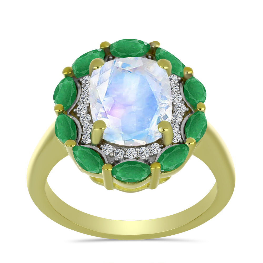 Arannyal Bevont Ezüst Gyűrű Szivárvány Holdkővel és Brazil Smaragddal 3 