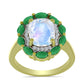 Arannyal Bevont Ezüst Gyűrű Szivárvány Holdkővel és Brazil Smaragddal