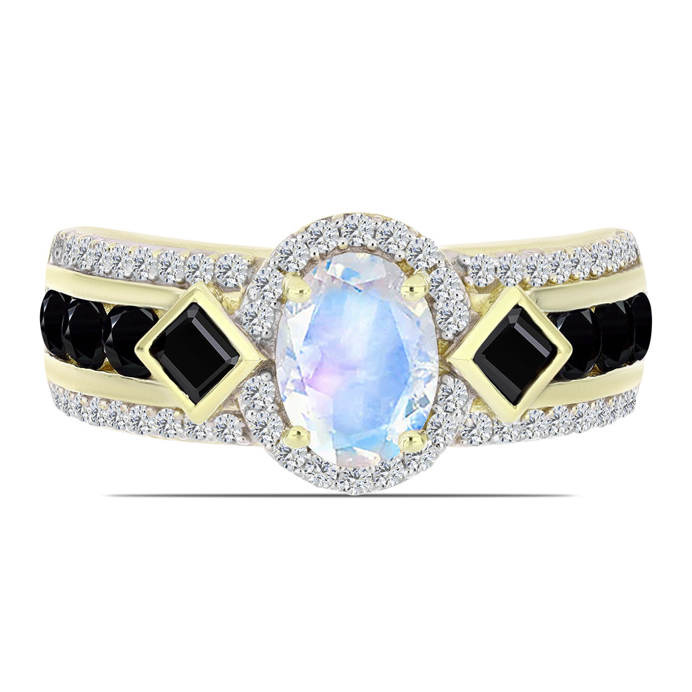 Arannyal Bevont Ezüst Gyűrű Szivárvány Holdkővel és Fekete Spinellel