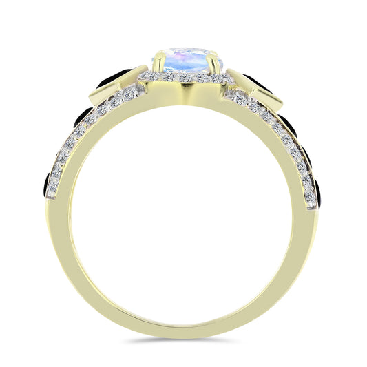 Arannyal Bevont Ezüst Gyűrű Szivárvány Holdkővel és Fekete Spinellel