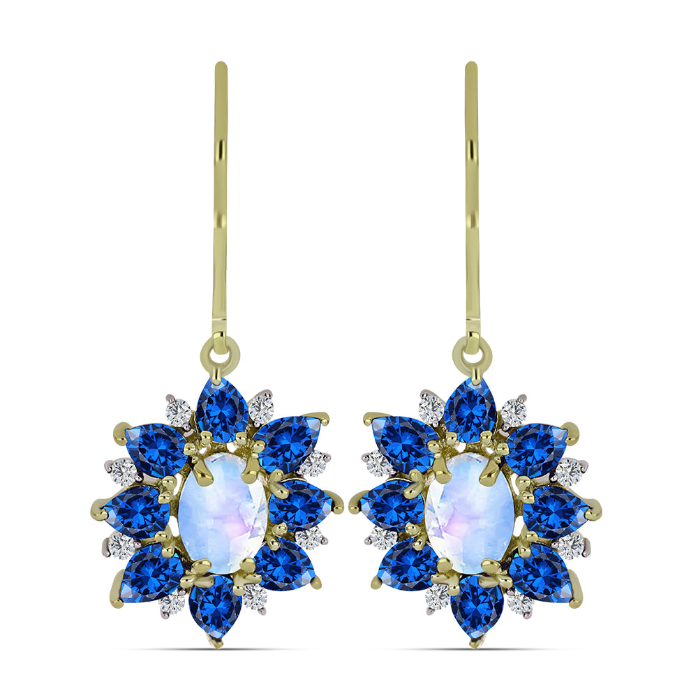 Arannyal Bevont Ezüst Fülbevaló Szivárvány Holdkővel és Ausztrál Kék Zafírral