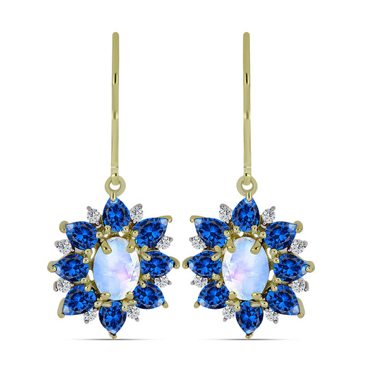 Arannyal Bevont Ezüst Fülbevaló Szivárvány Holdkővel és Ausztrál Kék Zafírral