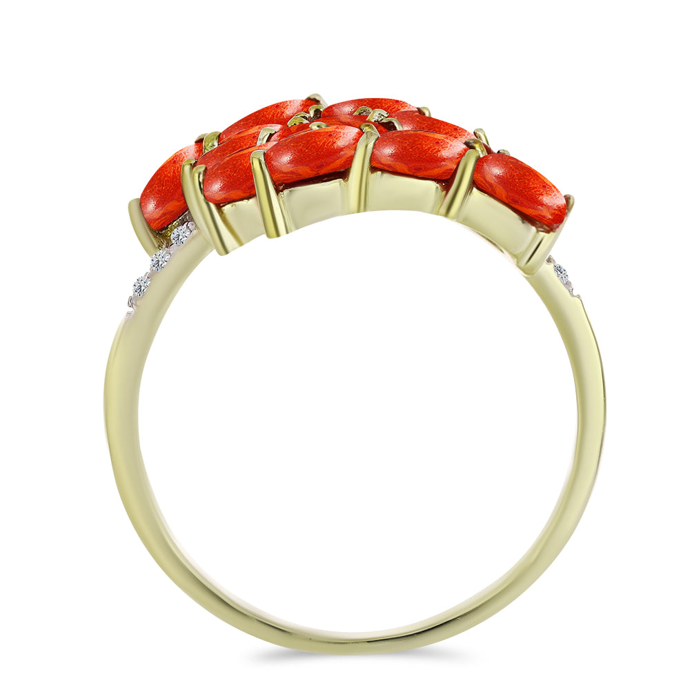 Arannyal Bevont Ezüst Gyűrű Vörös Szivacs Korallal és Fehér Topázzal 2 