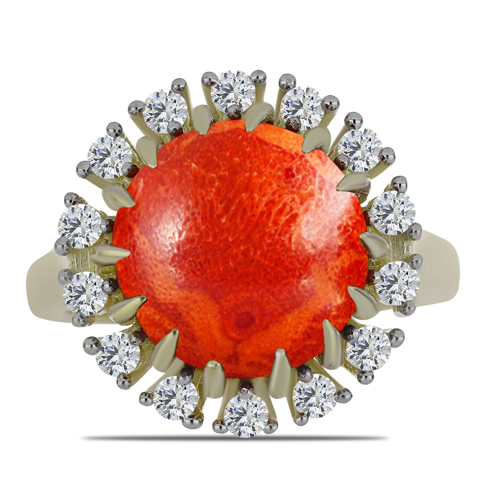 Arannyal Bevont Ezüst Gyűrű Vörös Szivacs Korallal és Fehér Topázzal