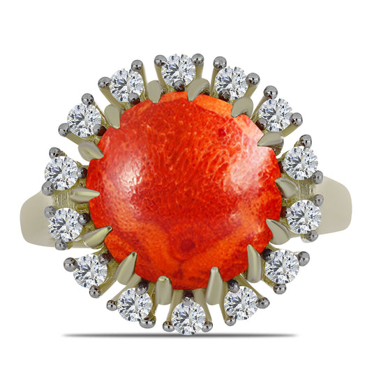 Arannyal Bevont Ezüst Gyűrű Vörös Szivacs Korallal és Fehér Topázzal