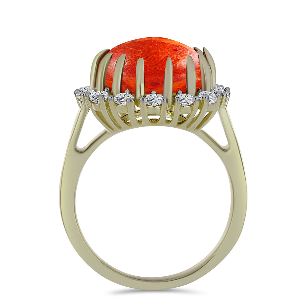 Arannyal Bevont Ezüst Gyűrű Vörös Szivacs Korallal és Fehér Topázzal