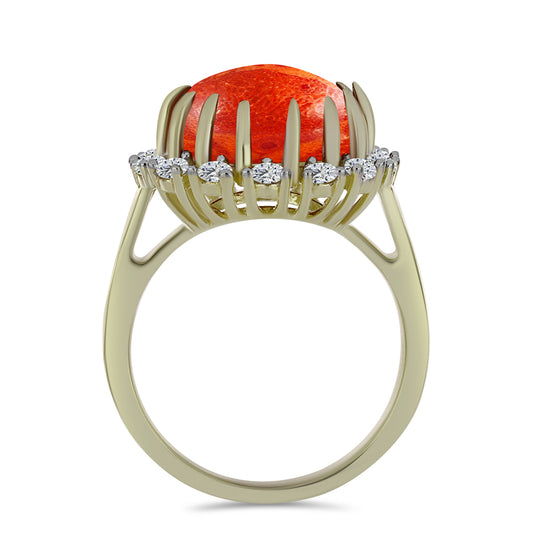 Arannyal Bevont Ezüst Gyűrű Vörös Szivacs Korallal és Fehér Topázzal